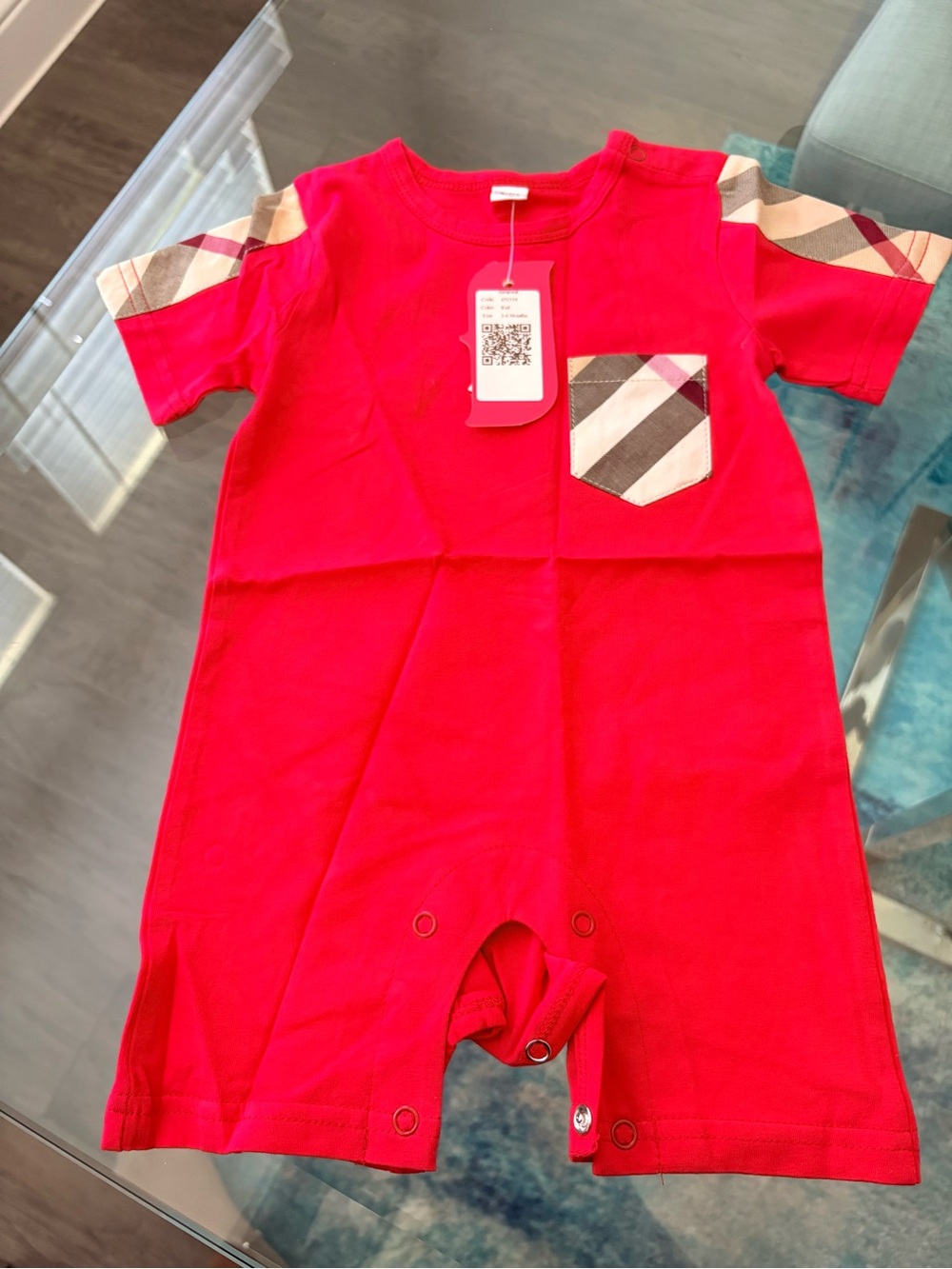🦋5/$40 Red Onesi with Plaid Pocket & Shoulder Detail